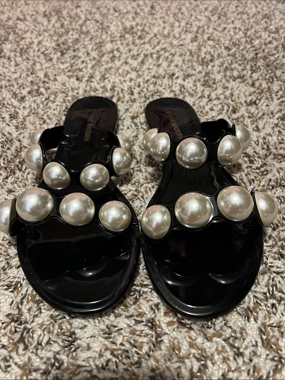 Steve Madden Black Pearl-Accent Slip-On Sandals